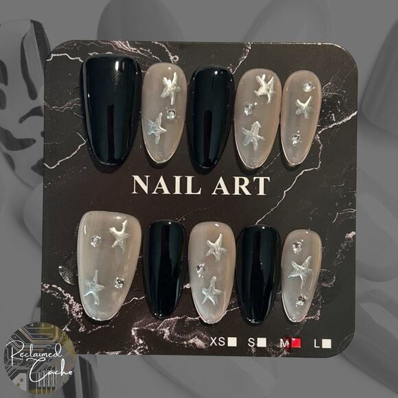 Black and Translucent Pink Star Medium Almond Press On Nails - Size Medium - Picture 1 of 2